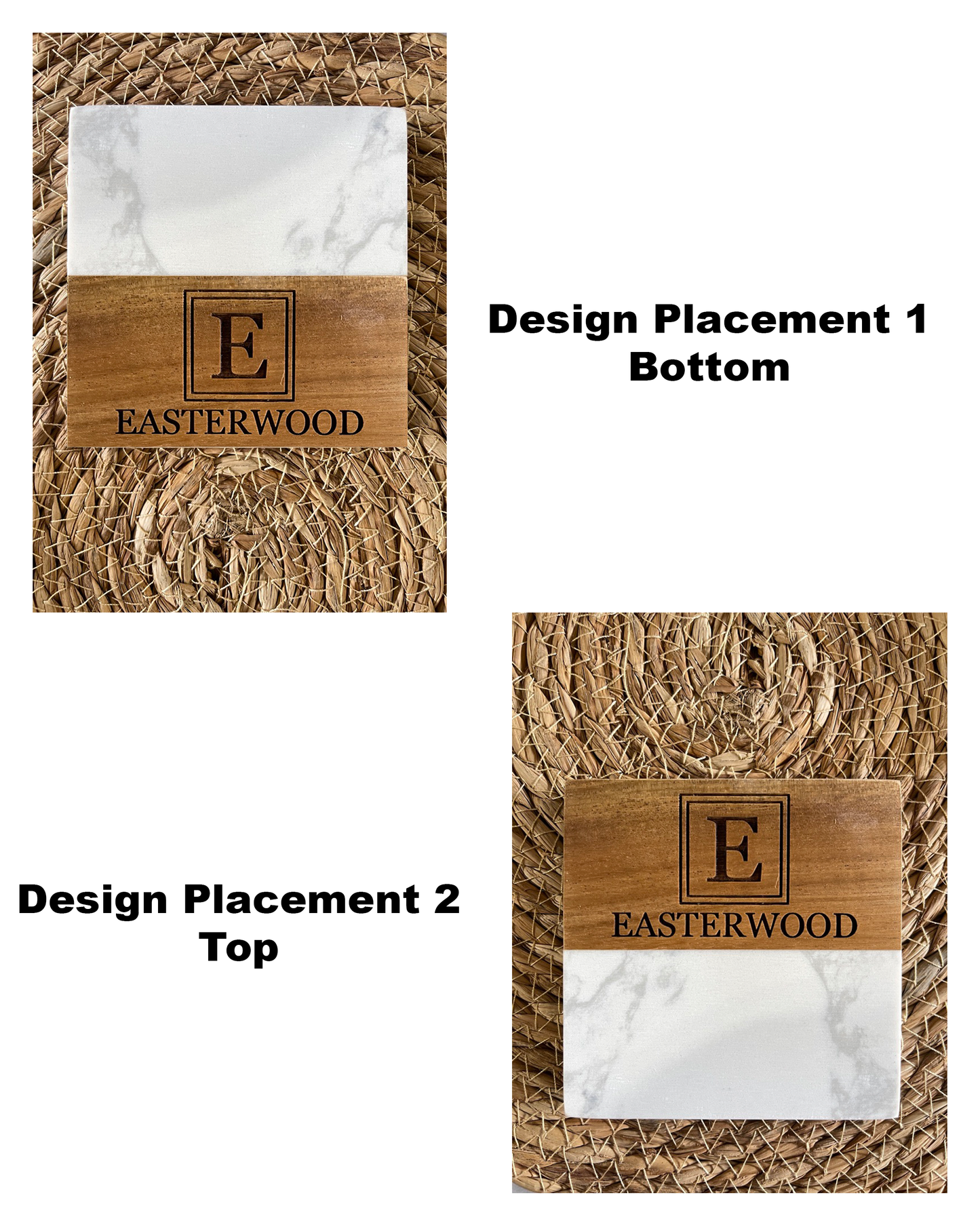 Two designs of a wooden coaster with marble insert and 'Easterwood' branding.