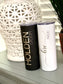 One Black tumbler with the groom's name and groom on it, and a white tumbler for the bride with the bride's name on it.