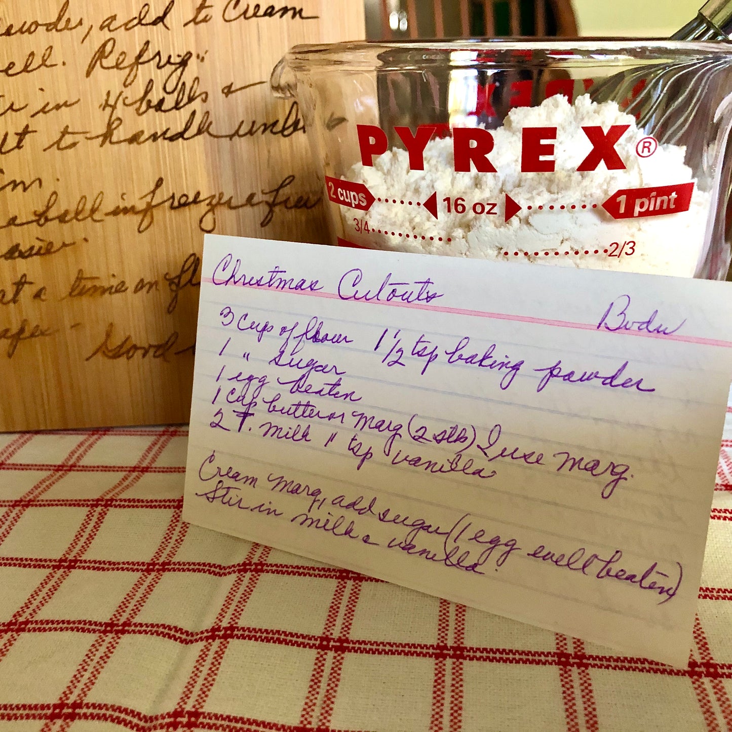 A sample of the actual handwritten recipe card used to engrave the cutting board.