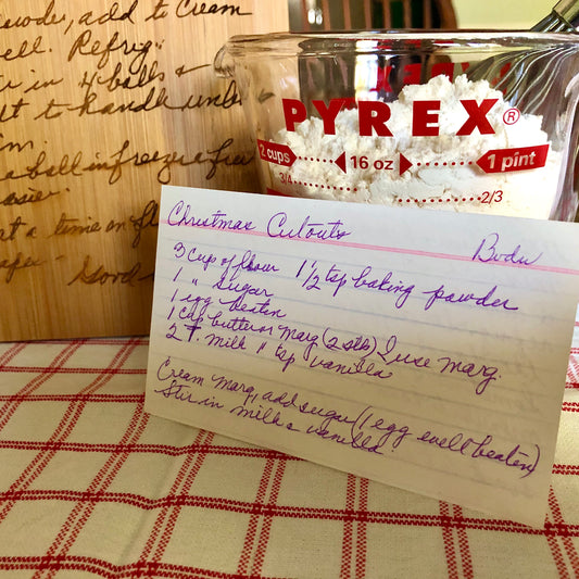 A sample of the actual handwritten recipe card used to engrave the cutting board.