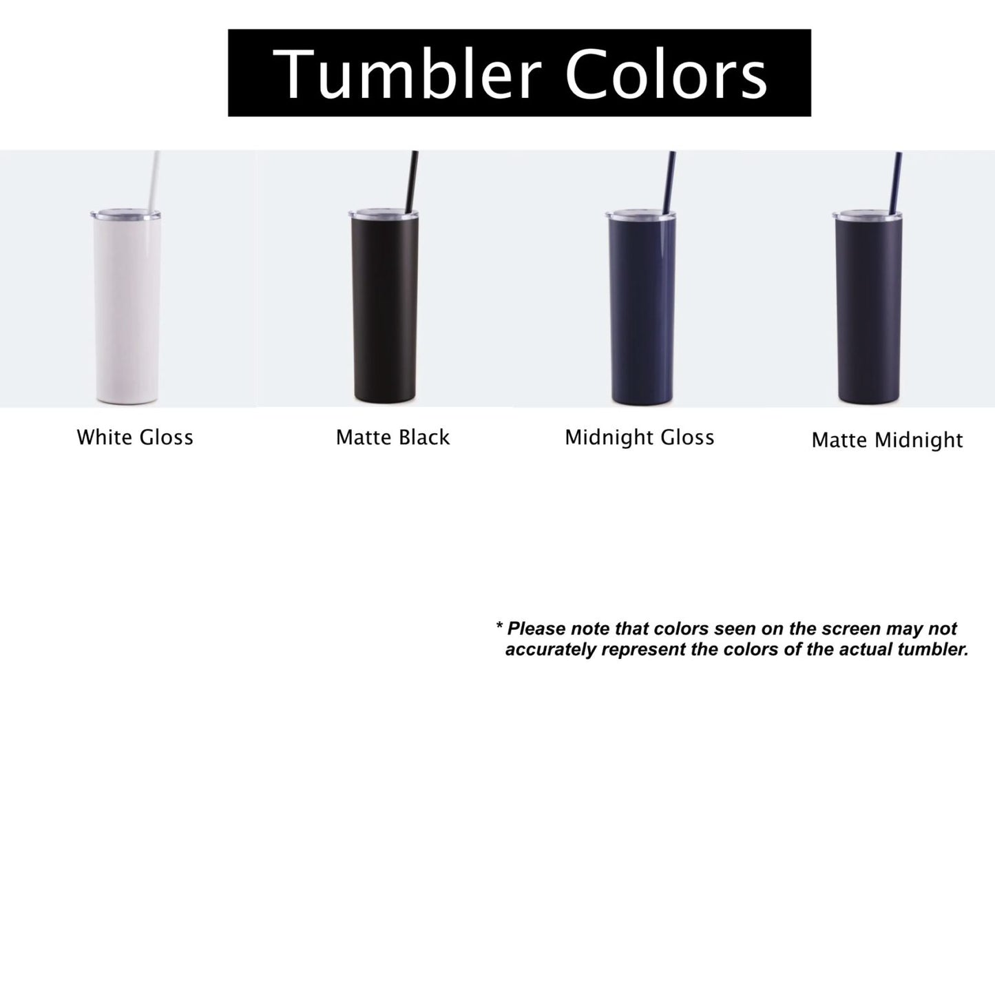 A sheet showing the four available tumbler colors for the bride and groom tumblers.